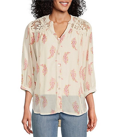 Figueroa & Flower Tayler Floral Print Woven Lace Embroidered Yoke 3/4 Blouson Sleeve Button-Front Blouse