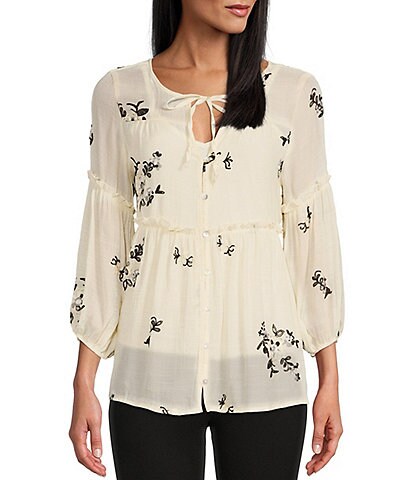 Figueroa & Flower Teressa Floral Embroidery Tie Neck 3/4 Sleeve Button Front Babydoll Peasant Top