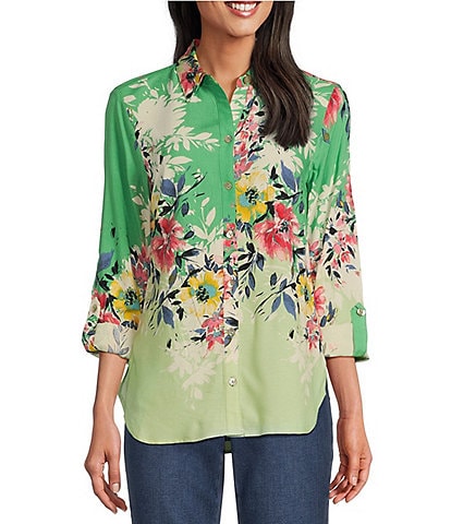 Figueroa & Flower Woven Cherry Floral Point Collar Long Roll-Tab Sleeve Button-Front Blouse