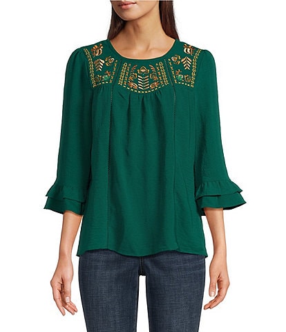 Figueroa & Flower Woven Embroidered Crew Neck 3/4 Double Ruffle Hem Blouse