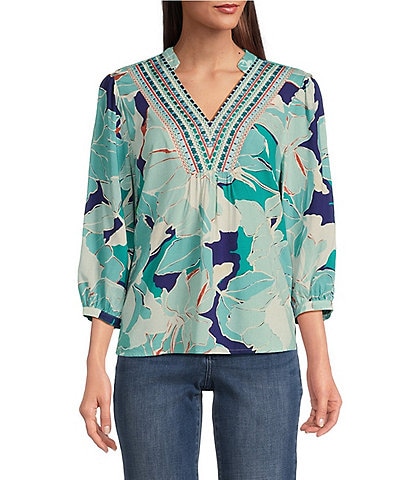 Figueroa & Flower Woven Embroidered Mandarin Collar 3/4 Sleeve Blouse