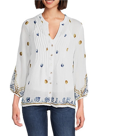 Figueroa & Flower Woven Embroidered Mandarin Collar Long Sleeve Button-Front Shirt