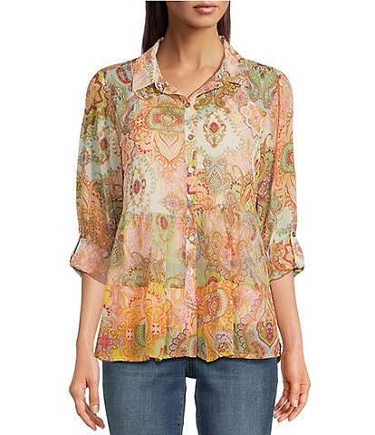 Figueroa & Flower Woven Embroidered Printed Collared Neck Long Roll-Tab Sleeve Button-Front Blouse