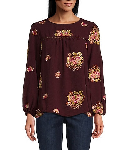 Figueroa & Flower Woven Embroidery Crew Neck Long Sleeve Blouse