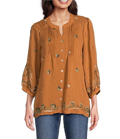 Figueroa & Flower Woven Lydia Embroidered Band Split-V-Neck 3/4 Sleeve Button-Front Shirt