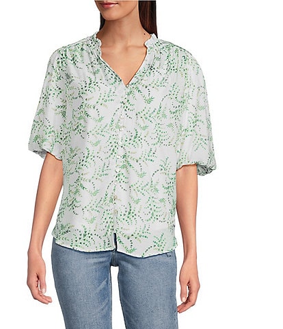 Figueroa & Flower Woven Printed Mandarin Collar Short Puff Sleeve Button Front Blouse