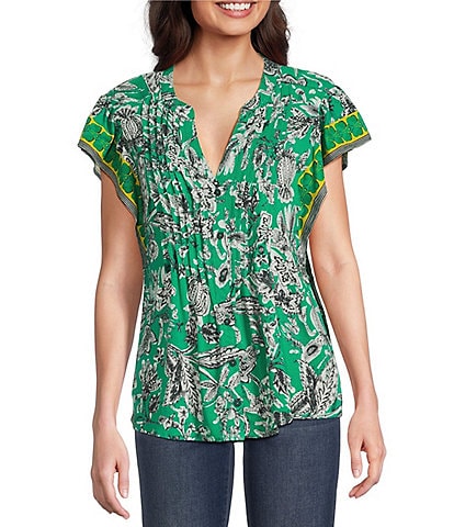 Figueroa & Flower Woven Printed Mandarin Collar Short Ruffle Sleeve Button Front Blouse