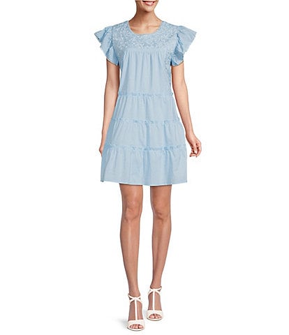 Findley Embroidered Jewel Neck Ruffled Short Sleeve Novelty Trim Tiered Shift Dress