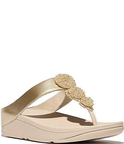 FitFlop Fino Beadie-Button Metallic Toe-Post Wedge Sandals