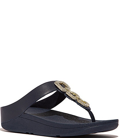 FitFlop Fino Crystal Chain Leather Toe-Post Wedge Sandals