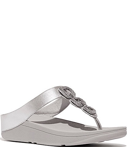 FitFlop Fino Crystal Chain Leather Toe-Post Wedge Sandals