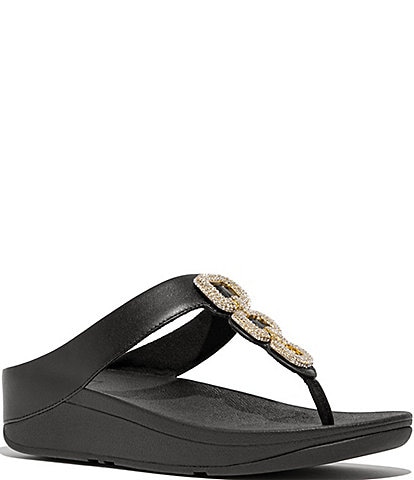 FitFlop Fino Crystal Chain Leather Toe-Post Wedge Sandals