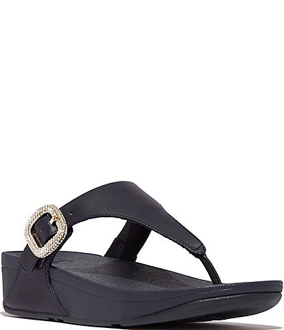 FitFlop Lulu Crystal-Buckle Leather Toe-Post Sandals