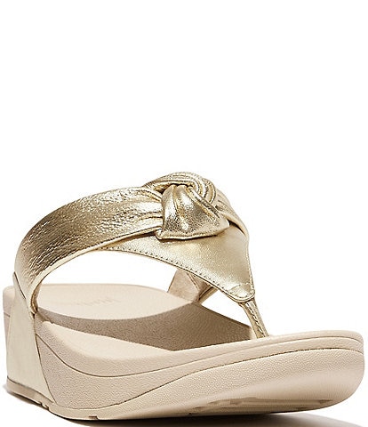 FitFlop Lulu Padded-Knot Metallic Leather Platform Wedge Toe Post Sandals