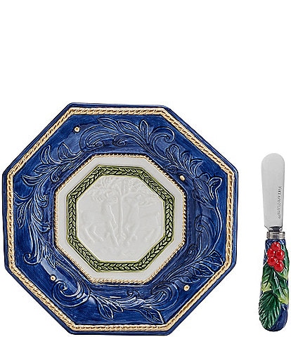 Fitz and Floyd Telluride Blue Snack Plate with Spreader Set