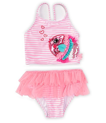 Flapdoodles Little Girls 2T-6X Fish-Applique Striped Tankini Top & Skirted Hipster Bottom 2-Piece Swimsuit