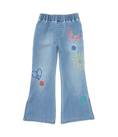 Flapdoodles Little Girls 2T-6X Fun Embroidery Print Flare Leg Denim Jeans