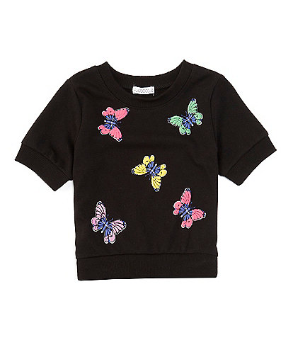 Flapdoodles Little Girls 2T-6X Short-Sleeve Glitter-Accented Butterfly-Puff-Print French Terry Top