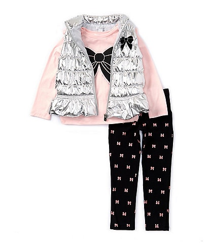 Flapdoodles Little Girls 2T-6X Sleeveless Puffer Vest, Bow-Screen Print Long Sleeve T-Shirt & Allover Bow-Printed Leggings Set