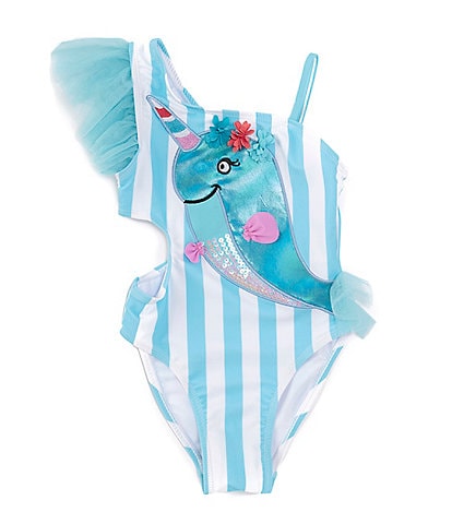 Flapdoodles Little Girls 2T-6X Striped Narwhal-Applique One-Piece Swimsuit