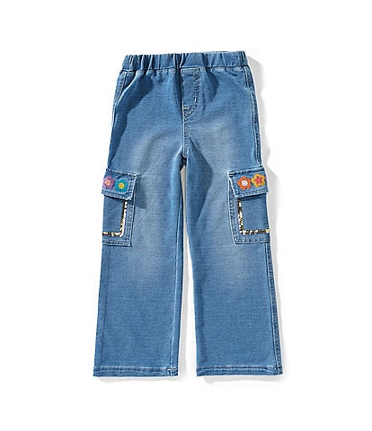 Flapdoodles Little Girls Cargo-Pocket Wide-Leg Denim-Look Knit Pants