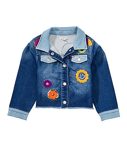 Flapdoodles Little Girls Long-Sleeve Sequin-Embellished Embroidered-Patch Denim Jacket