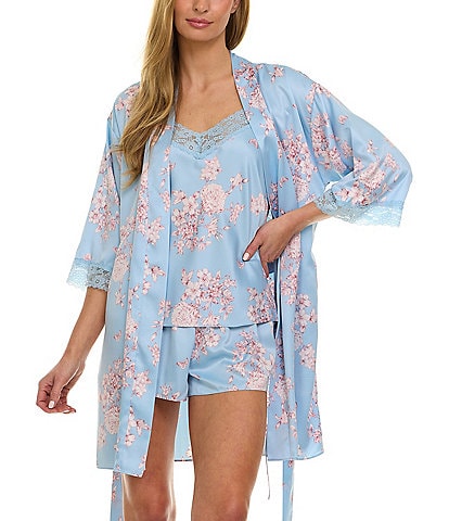 Flora Nikrooz Sabrina Travel Satin Floral Cami & Shorty Robe Set