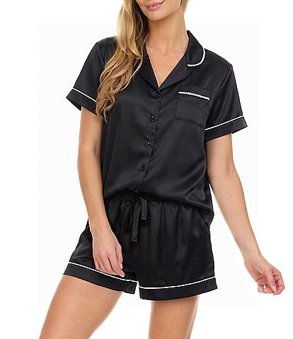 Flora Nikrooz Solid Short Sleeve Notch Collar Charmeuse Pearl Detail Pajama Set