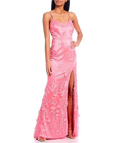 Floral Embroidered Side Slit Lace-Up Back Gown