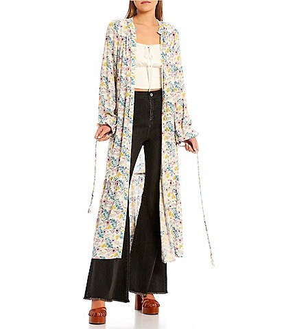 Floral Print Braided Belt Open Front Duster