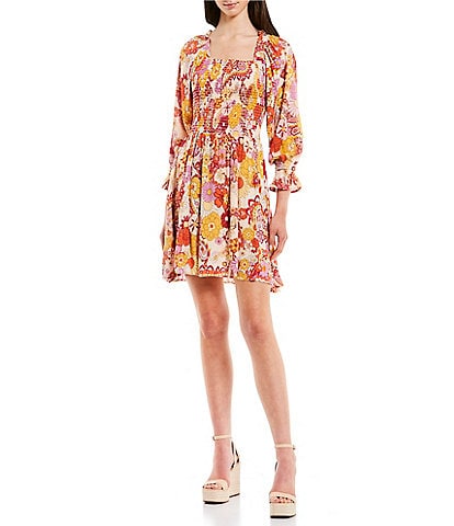 Angie Floral Print Long Sleeve Smocked Bodice Fit-And-Flare Dress