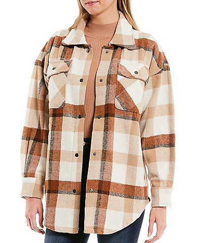 Fornia Brown Plaid Print Button Front Oversized Shacket