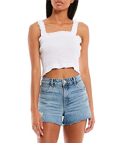 Fornia Square Neck Smocked Crop Tank Top