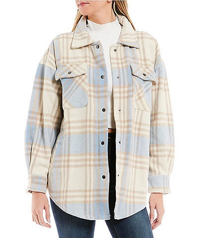 Fornia Tan Blue Plaid Print Button Front Oversized Shacket
