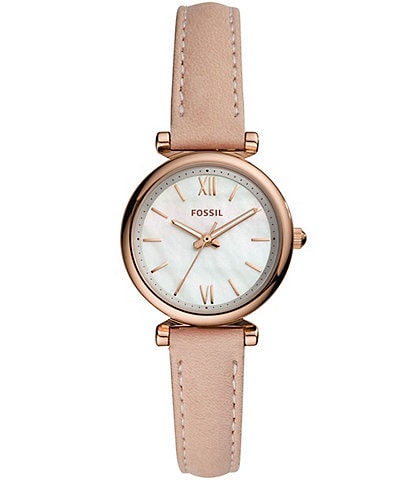 Fossil Carlie Mini Three-Hand Gold Tone Stainless Steel Leather Watch