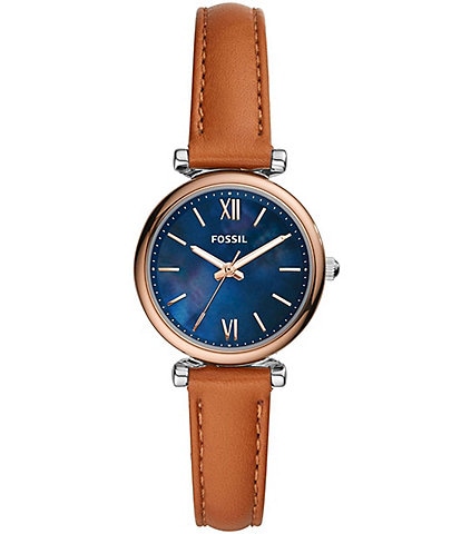 Fossil Carlie Mini Three-Hand Gold Tone Stainless Steel Leather Watch