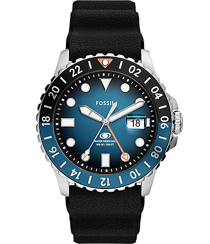 Fossil Men's Blue GMT Dual Time Black Silicone Strap Watch