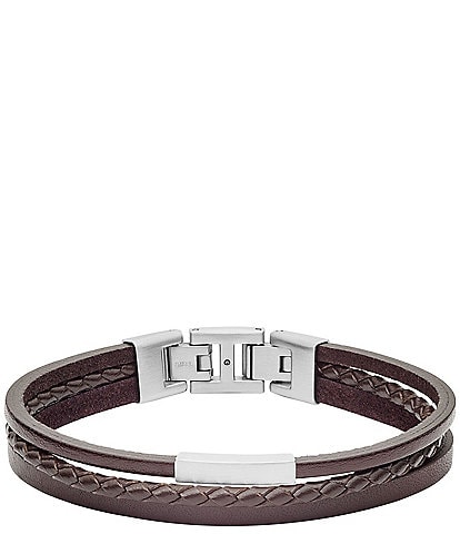 Fossil Men's Multi-Strand Silver-Tone Steel and Brown Leather Link Bracelet