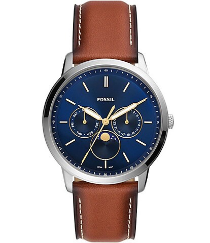 Fossil Men's Neutra Blue Dial Minimalist Multifunction Brown Leather Strap Watch