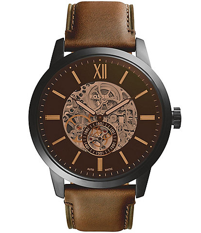 Fossil Men's Townsman Automatic Skeleton Dial Brown Leather Strap Watch