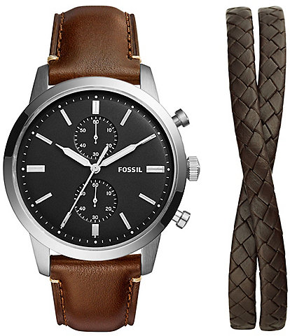 Fossil Men's Townsman Chronograph Brown Eco Leather Strap Watch and Bracelet Set