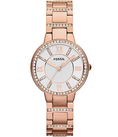 Fossil Virginia Rose Gold Stainless Steel Clear Stone 3 Hand Bracelet Watch
