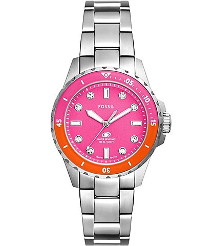 Fossil Women's Blue Dive Pink Dial Three-Hand Date Stainless Steel Bracelet Watch