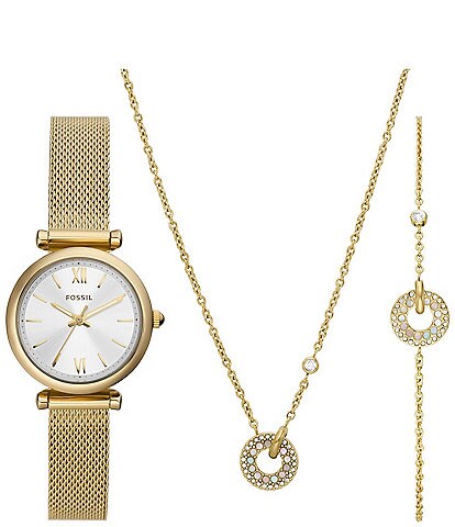 Fossil Women's Carlie Three-Hand Gold-Tone Stainless Steel Mesh Watch and Jewelry Set