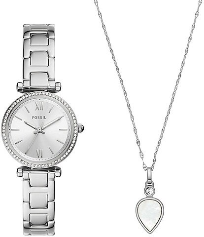 Fossil Women's Carlie Three-Hand Stainless Steel Bracelet Watch and Necklace Set