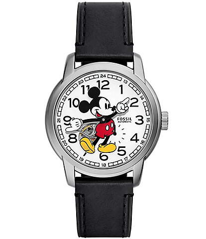 Fossil x Disney© Unisex Special Edition Classic Disney Mickey Mouse Automatic Black Leather Strap Watch