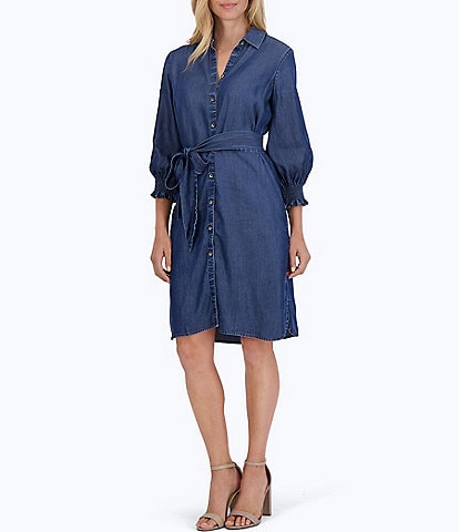 Foxcroft Abby Woven Tencel Point Collar 3/4 Smocked Ruffle Cuff Sleeve Belted Button Front Shirt Dress