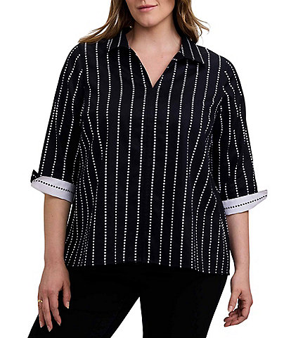 Foxcroft Agnes Plus Size Cotton Sateen Dotted Stripe Wing Collar 3/4 Sleeve Top