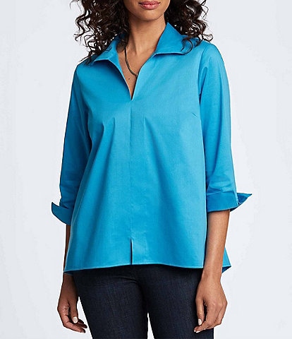 Foxcroft Agnes Stretch Matte Sateen Wing Collar Neck 3/4 Sleeve Top