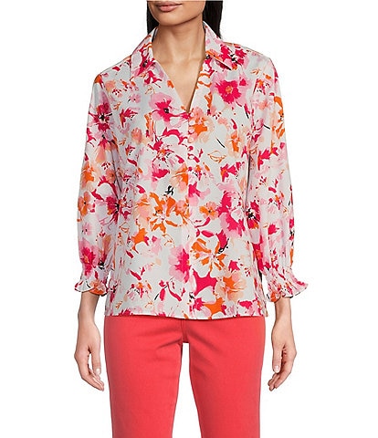 Foxcroft Alexis Floral Print Point Collar 3/4 Sleeve Top